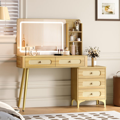 Coiffeuse avec miroir, lumières, 5 tiroirs et tablette de rangement Viola