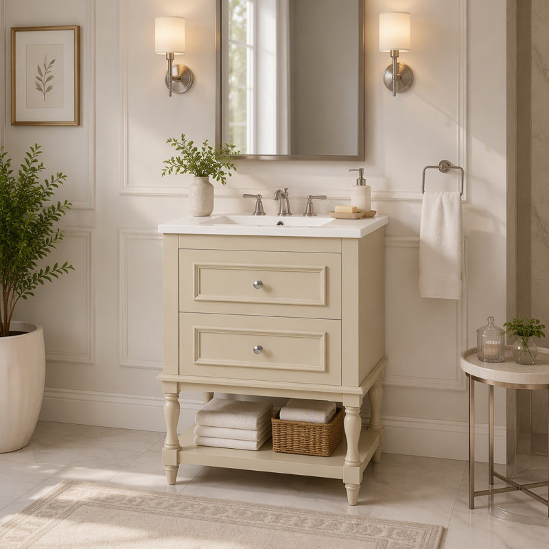 Meuble-lavabo de 20 po avec lavabo en céramique, armoire de rangement avec tablette ouverte, armoire de salle de bain rétro avec 2 tiroirs