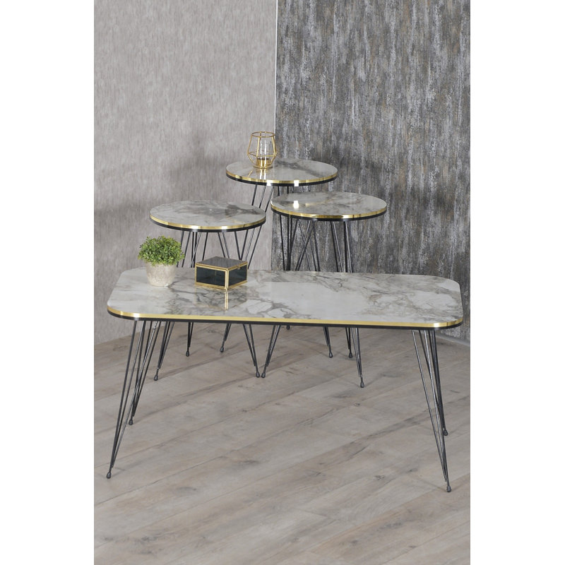 Angelia Living Room Table Set, White Marble