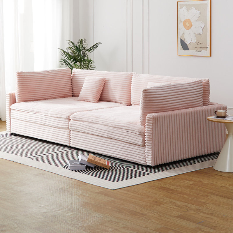 112-inch Corduroy Sofa: Two Throw Pillows, Four Backrests, Pink