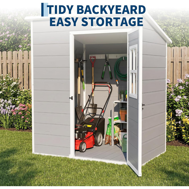 140cm W x 81cm D x 192cm H HDPE Resin Pent Garden Shed, 12mm Double Layer Waterproof Outdoor Storage Shed with Window, Lockable Door & Vent for Garden Tools