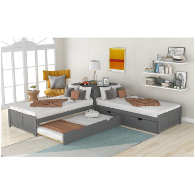 L-Shaped Platform Bed With Trundle And Drawers Linked With Built-In Desk