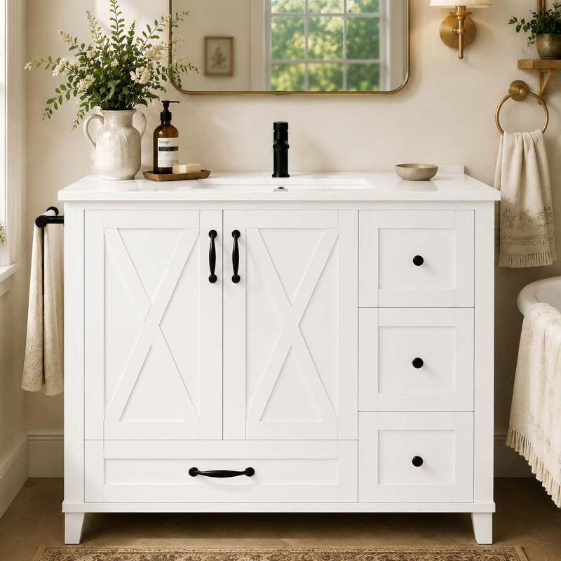 Meuble-lavabo Farmhouse avec lavabo en céramique et tiroirs de rangement, Blanc