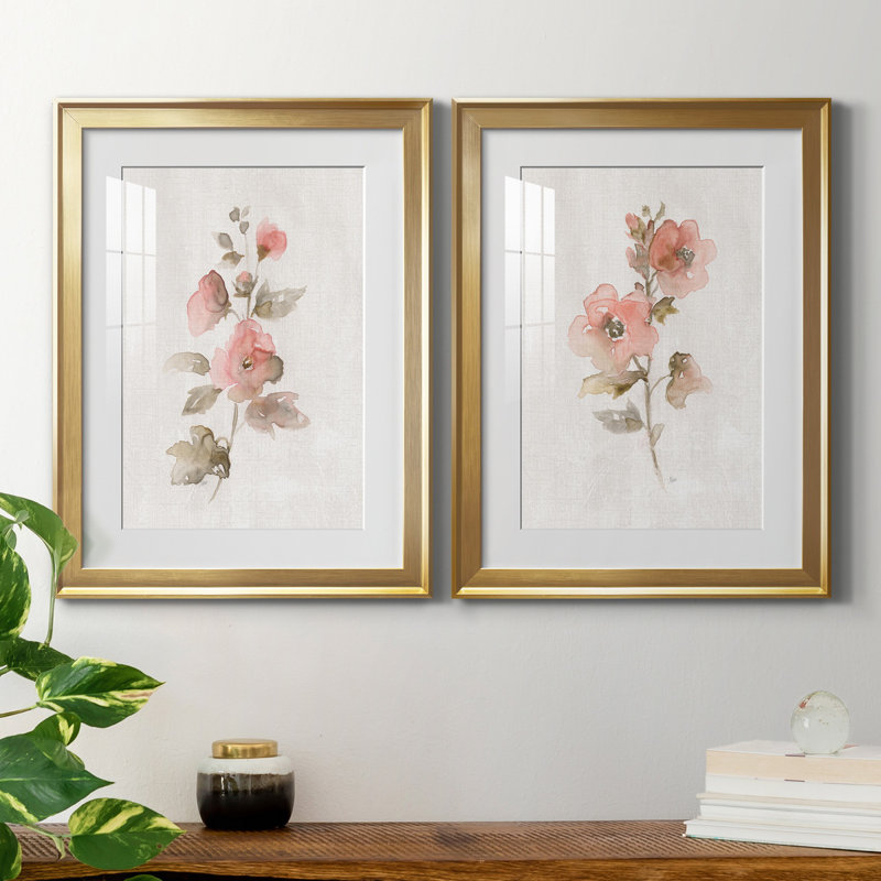 «Blush Sweetly I», ensemble de 2 reproductions d'art, Blanc, H 18,5 po x l 49 po x P 1,5 po, Papier encadré doré