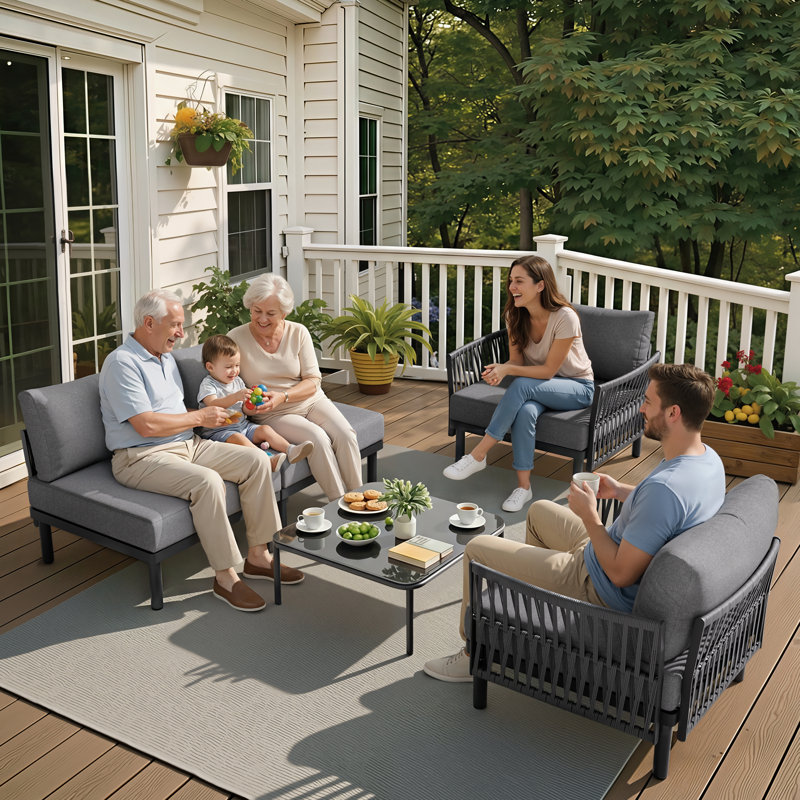 Ensemble de conversation modulaire en aluminium 5 pièces avec coussins de 5,1 po d'épaisseur et table basse, ensemble de terrasse modulaire à assise profonde