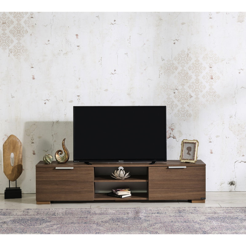 Meuble télé à 2 portes et 2 armoires, noyer moderne Mid-Century 66 po, bois massif, look et moderne, 66 po, blanc et noyer