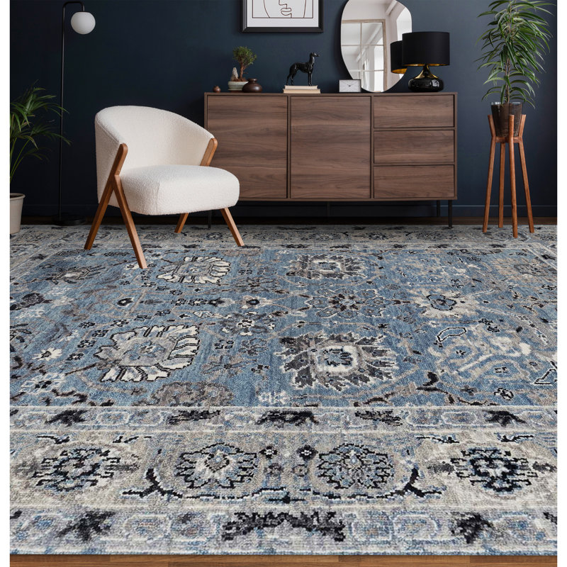 Oriental Hand-Knotted Wool Area Rug in Gray/Blue/Brown, Rectangle 6' x 9', Gray/Blue/Brown
