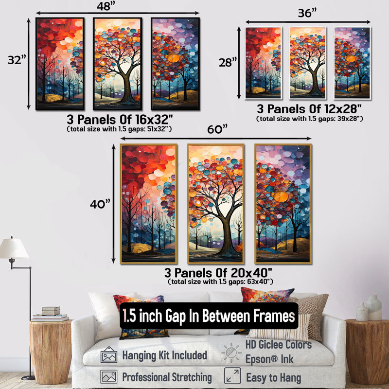 Multicolor Graffiti Oak Tree Sunrise I - Tree Oak Wall Art Set, White Floater Framed, 32" H x 48" W x 1" D