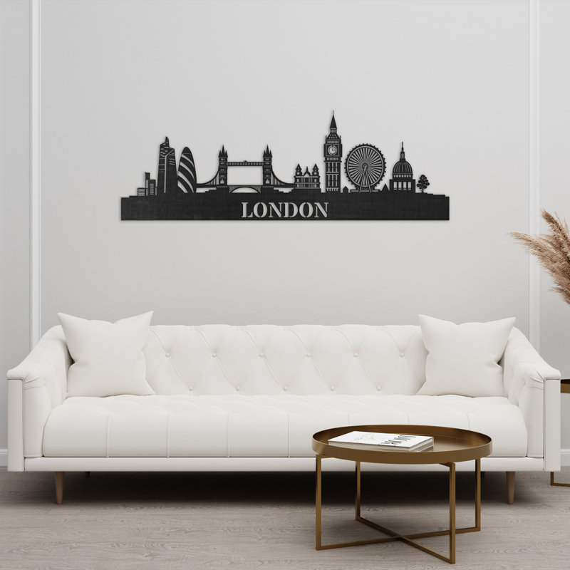 Décoration murale en bois London City Skyline, H 14 po x l 46 po x P 0,25 po, Naturel
