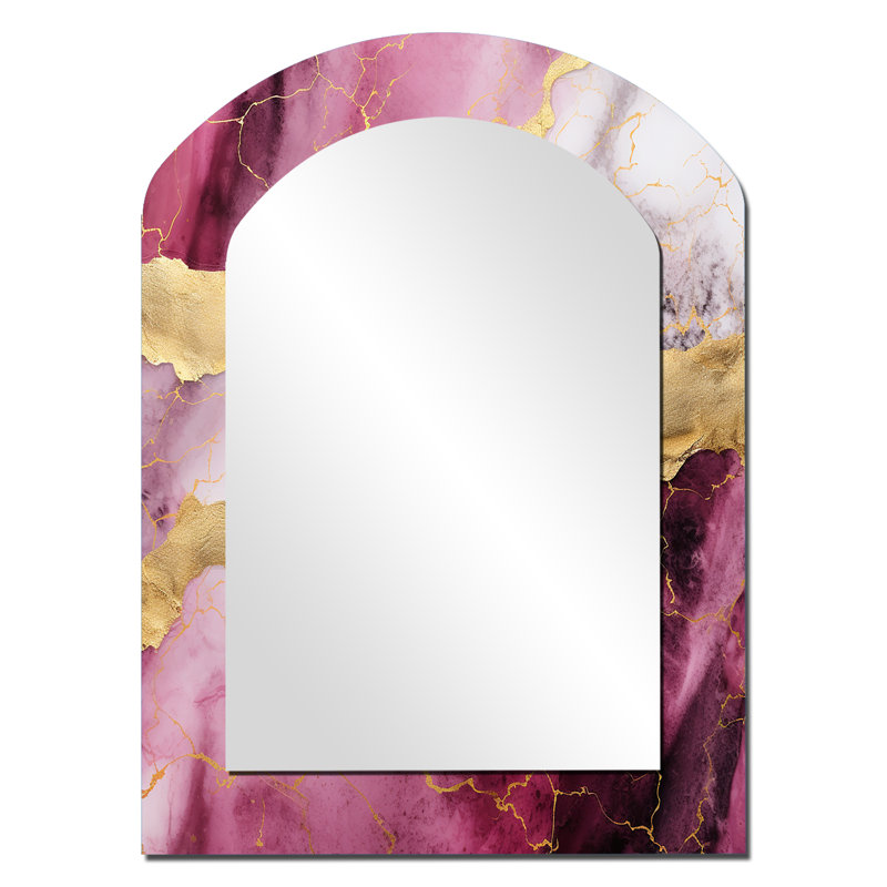 Pink and gold Marble Essence I - Marble Arch Decorative Mirror, Modern Asymmetrical Wall Mirror, Printed Metal Art, 34" x 25"