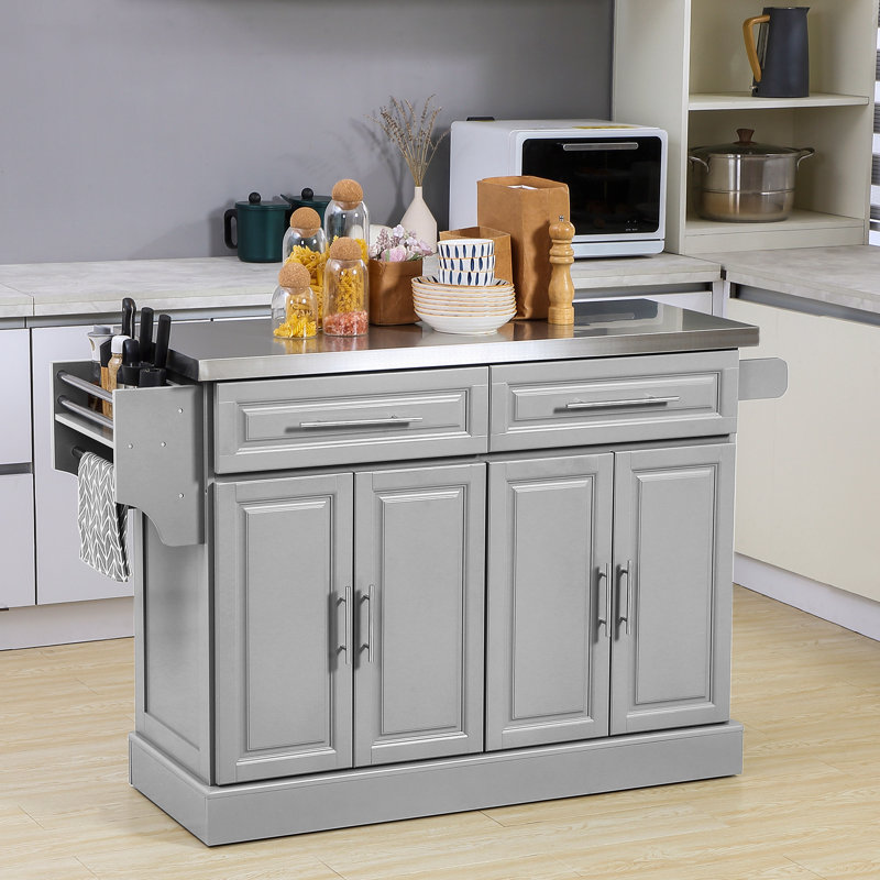 Rolling Kitchen Island With Storage, Portable Kitchen Cart With Stainless Steel Top, 2 Drawers, Spice, Knife And Towel Rack And Cabinets, Black