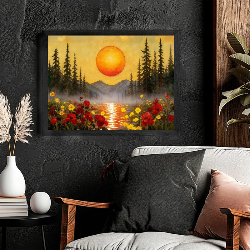 «Moonlit Pine Forest», encadré noir, pleine lune, peinture de champ de fleurs sauvages, art mural paysage nature Moody Mystical