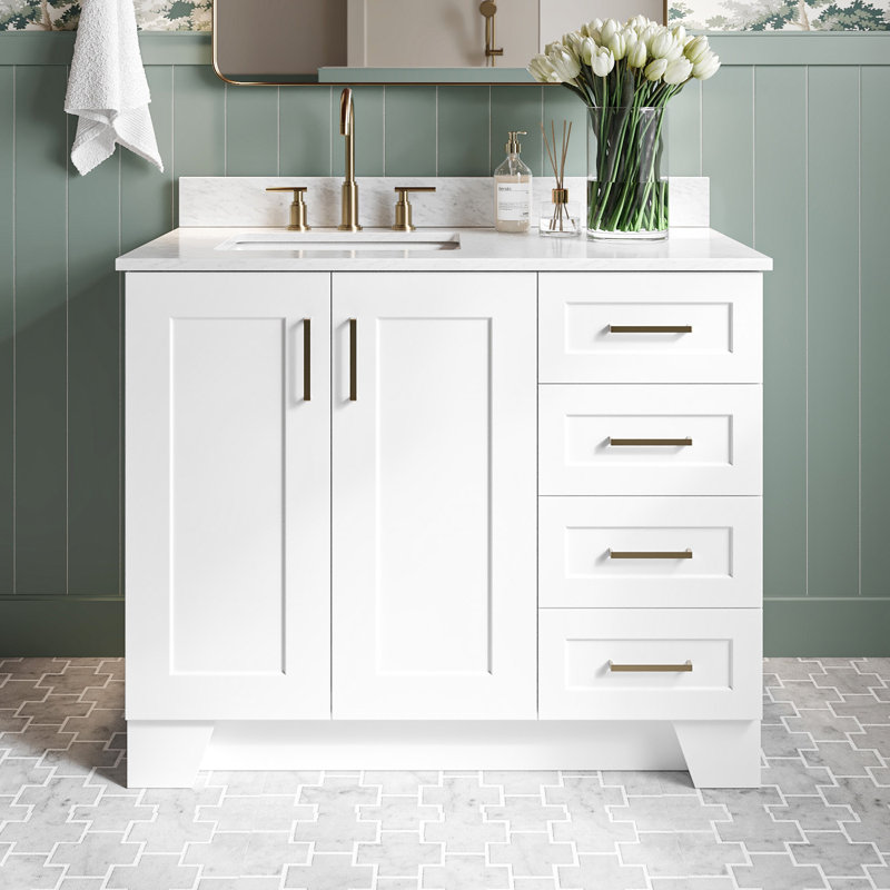 Freitas 43'' Solid Wood Single Bathroom Vanity in White with 0.75'' Carrara Marble Top, Left Offset, Rectangle Sink, Left