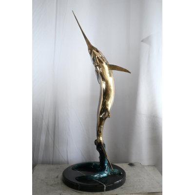 Leaping Marlin on Wave Bronze Sculpture Marble Base 14"x14"x41"H