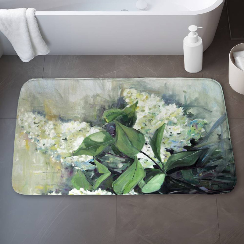 White lilacs Bath Mat with Non-Slip Backing - Quick Dry Memory Foam Bathroom Rug - Absorbent - Modern Plush Spa-Style - Machine Washable