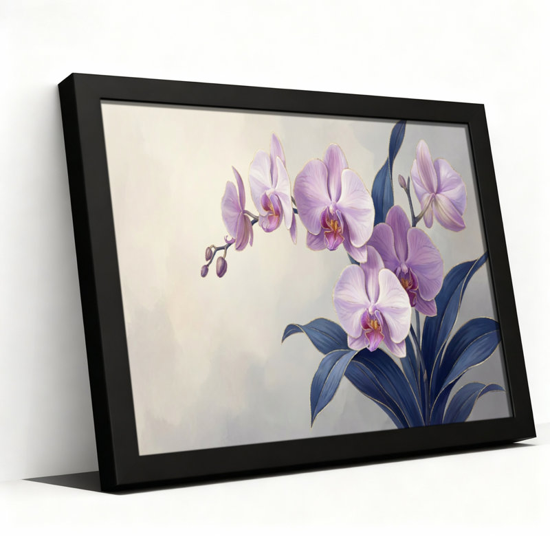 Orchidée, art floral, impression sur toile tendue sur toile, ensemble de 1, H 12 po x l 18 po, Cadre photo unique, Noir