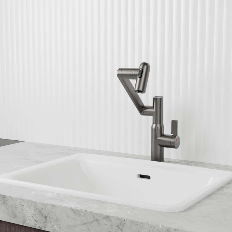 Bathroom Sink Faucet with Spray Function and Temperature Display for Anti-Skid Switch and Hot & Cold and 360° Rotary