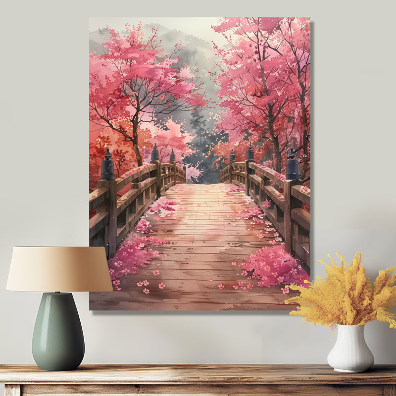 Décoration de pont rose et brun avec pont de rêves en fleurs I - Ponts, Toile tendue, H 34 po x l 44 po