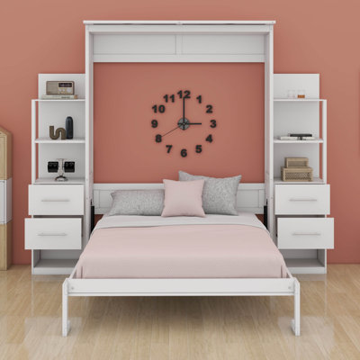 Queen Size Murphy Bed With 4 Drawers And Foldable & Led & Shelf,Foldable Platformbed Vertical Wall Bedframe For Small Space