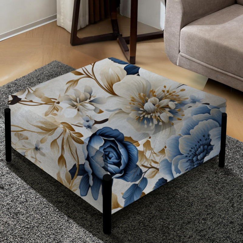 Blue And White Exotic Floral Canvas - Floral Large Square Ottoman