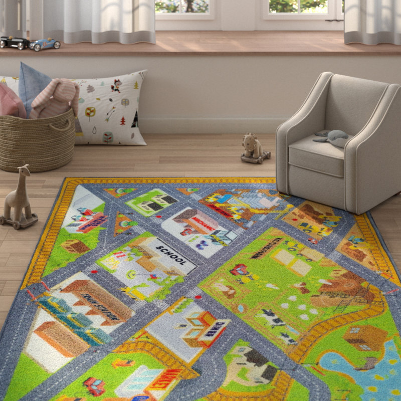 Kids Playmat Car Country Farm Construction Fun Learning Game Play Kids Carpet Classroom Playroom Mat, Rectangle 8'2" x 9'10"