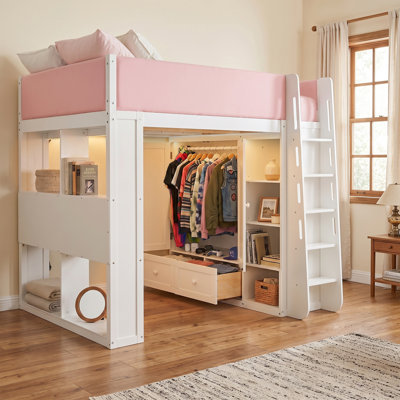 Lit mezzanine en bois avec tiroir, tablettes, garde-corps, garde-robe, lumières DEL et échelle