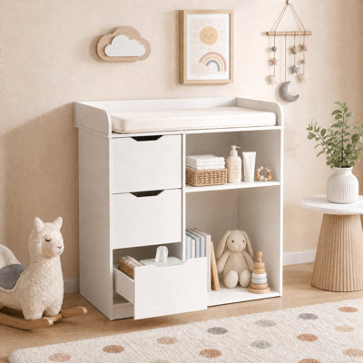 Changing Table Dresser, Baby Nursery Dresser with 3 Drawers & 2 Open Shelves, Wooden Baby Diaper Changing Station