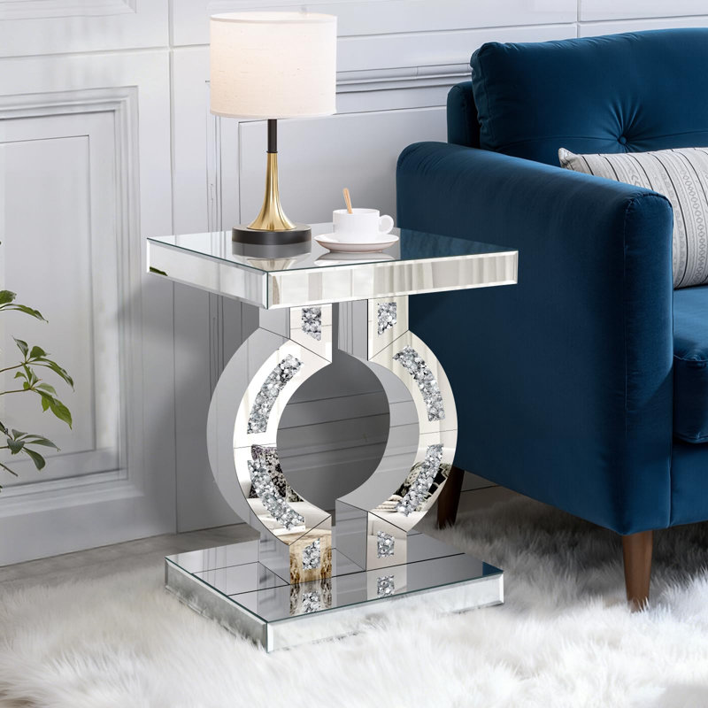 Crushed Diamond Mirrored End Table, Silver Side Accent Table, Small Mirrored Coffee Table For Living Room, Bedroom, 16"x12"x23"