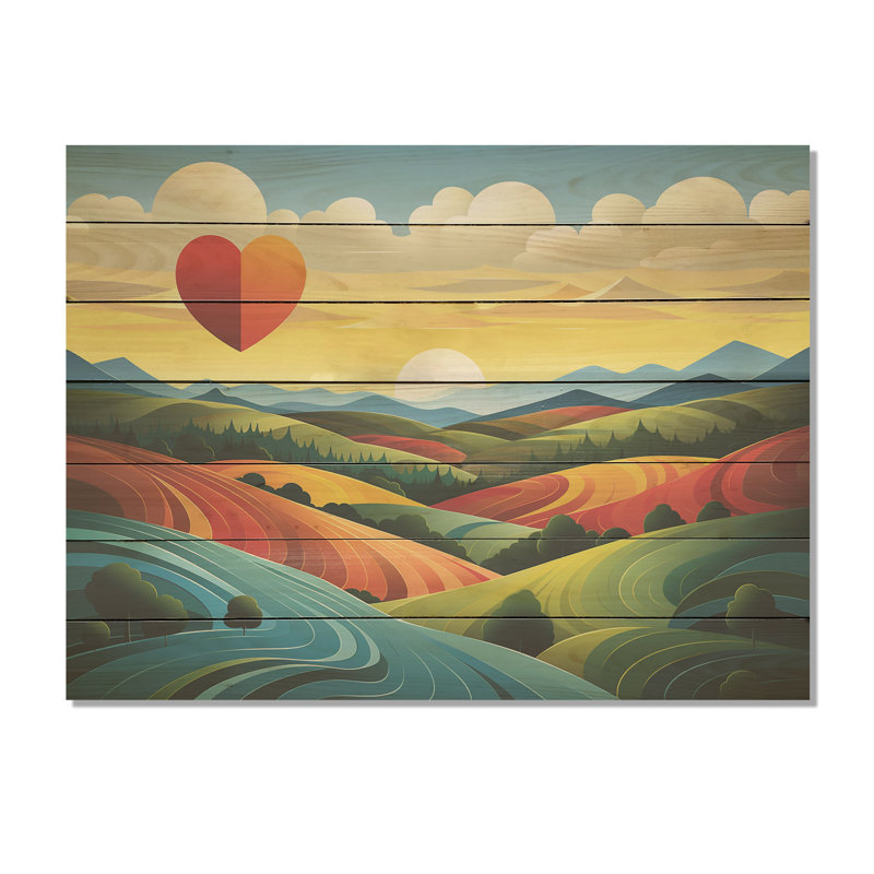 «Love Mountain» jaune et vert - prairie sur bois, H 24 po x l 32 po