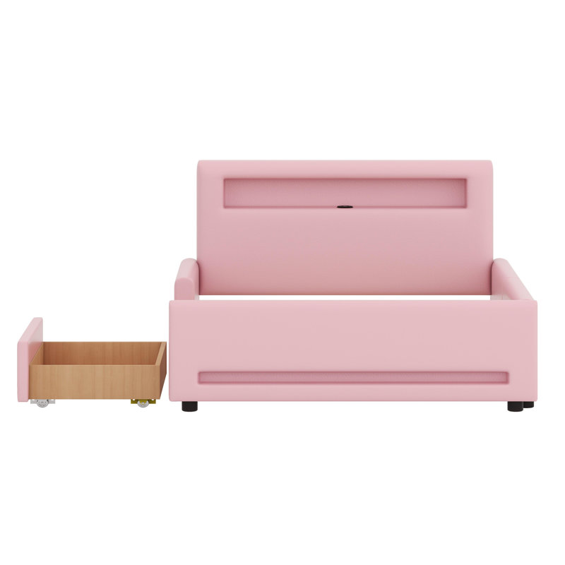 Lit plateforme moderne avec tiroir de rangement intégré et éclairage DEL, Rose