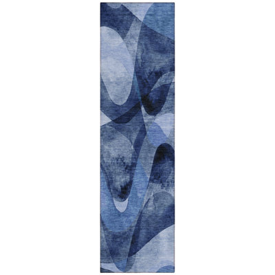 2' X 8' Navy Blue Abstract Washable Non Skid Indoor Outdoor Runner Rug