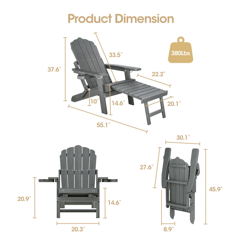 Chaise Adirondack pliante à dossier réglable Shonda, Gris