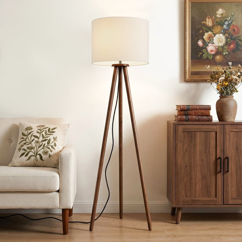 60.6 in. Modern Nordic Tripod Floor Lamp with Walnut Wood Base and Linen Lampshade for Living Room and Bedroom, Cream