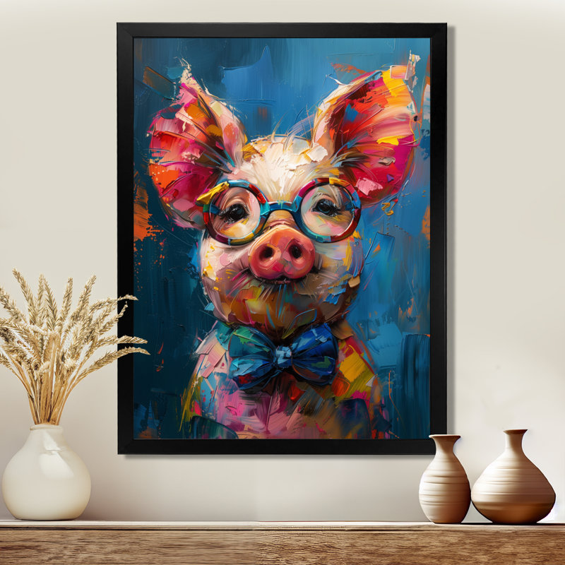 Curieux portrait de cochon bleu et rose, H 20 po x l 12 po x P 1 po, Toile encadrée noire simple