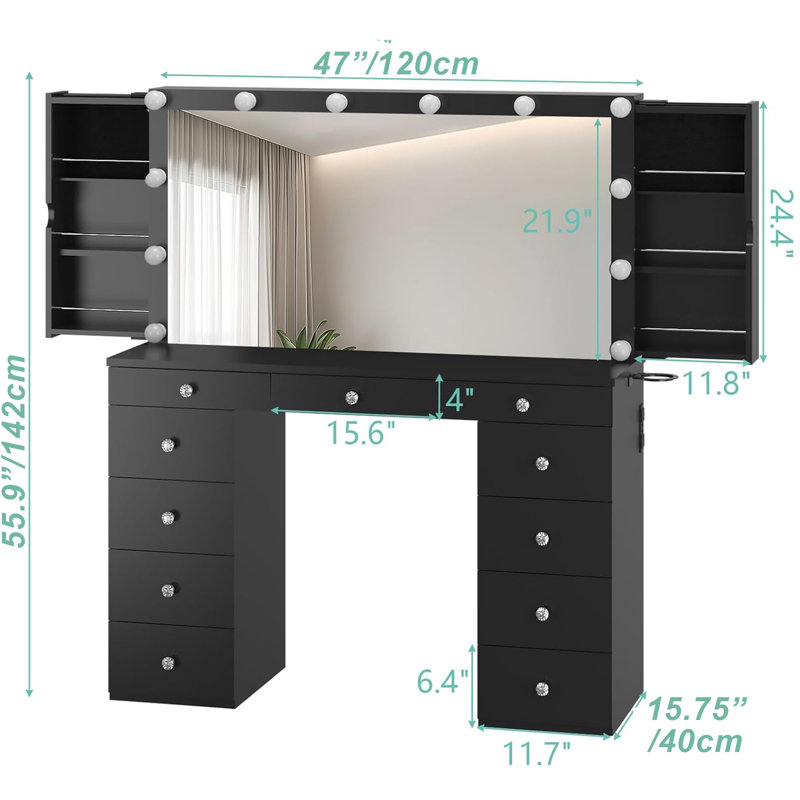 47" Large Makeup Deidra With USB Power Outlet,Mirror, 12 Adjustable Lights,11 Drawers And 2 Side Hidden Jewelry Cabinets,Crystal Knobs