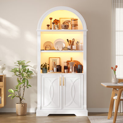 French Vintage Arched Display Cabinet with LED Lighting, Open Shelving and Cupboard Storage