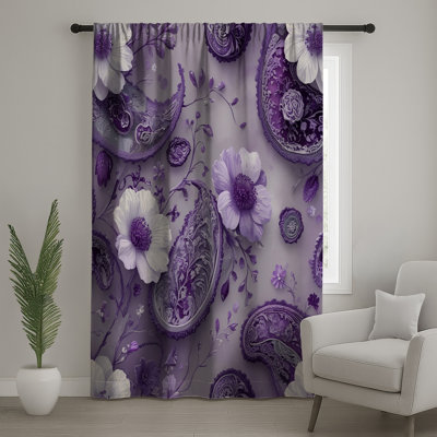 Purple Floral Paisley Window Curtains, Flowers Sheer & Blockout Curtains - 1 Panel