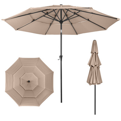10 ft Patio Umbrella - 3-Tiered Sunshade with Push Button Tilt and Easy-Open Crank - Outdoor Umbrella for Deck, Yard, or Pool by Pure Garden (Beige)