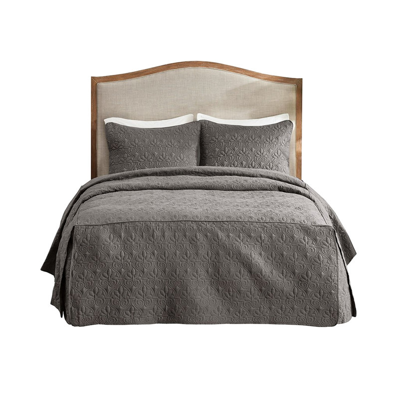Grand couvre-lit gris foncé 3 pièces Microfibre, rembourrage, couture de boîte, coins plissés, tissu en microfibre lisse, avec plis, entretien facile