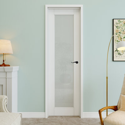Porte intérieure pré-suspendue 24 po x 80 po en verre givré 1-Lite avec levier incurvé et charnières argentées, plaque de porte d'intimité en verre, pouvant être peinte et imperméable, combinaison pour la lessive, portes de placard, portes de pièce, main gauche