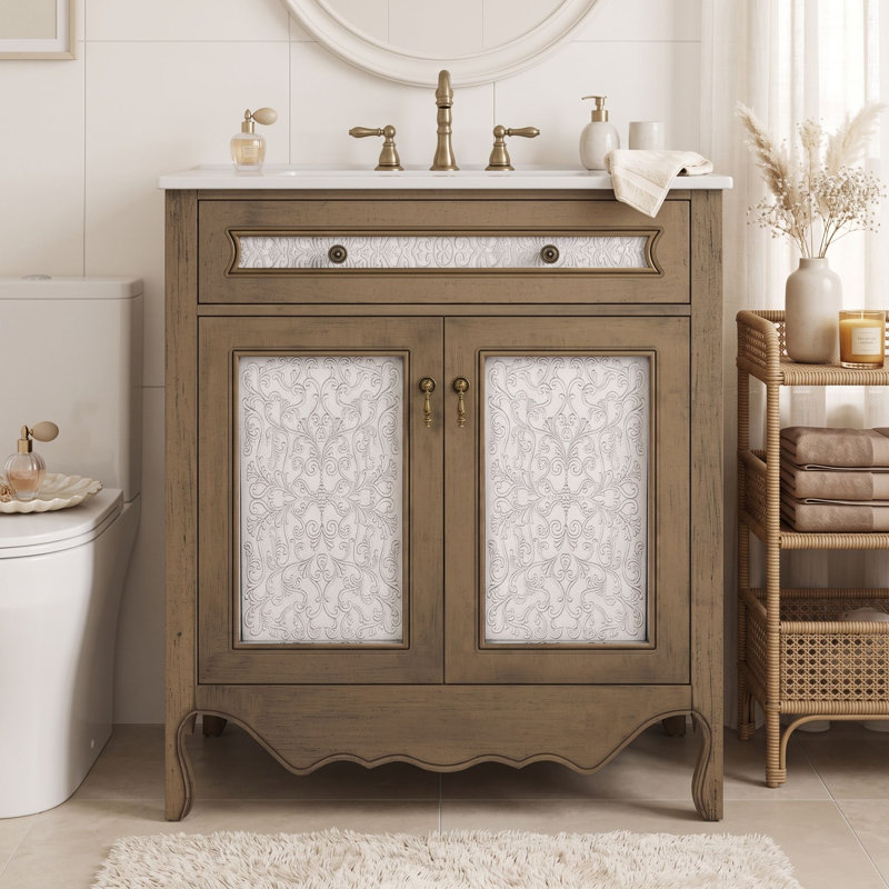 Meuble-lavabo en bois avec lavabo en céramique, tablette réglable et portes