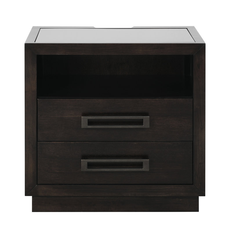 Armoire de chevet au fini gris anthracite avec deux tiroirs, éclairage à DEL, port et plateau en verre
