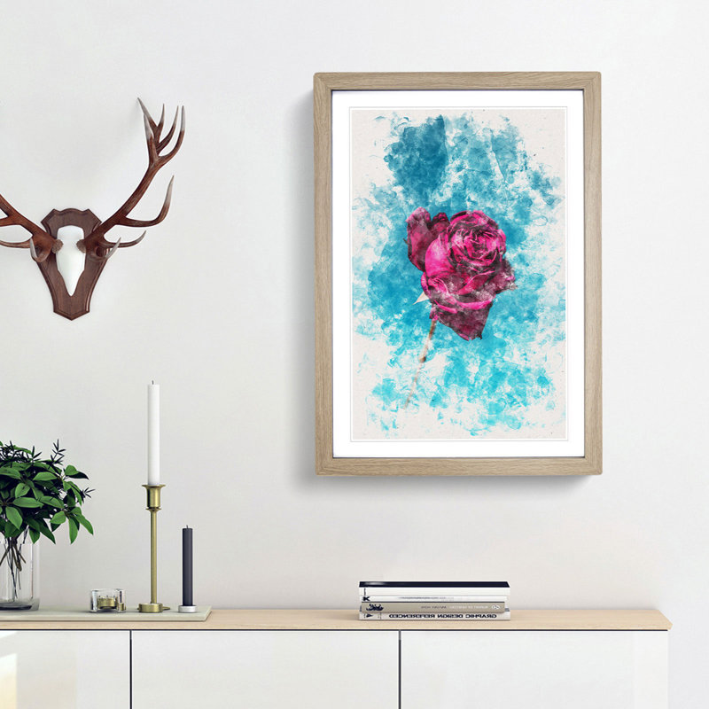 Fuscia Pink Dying Rose Watercolour - Picture Frame Graphic Art, 33cm H x 24cm W x 2cm D, Oak Framed