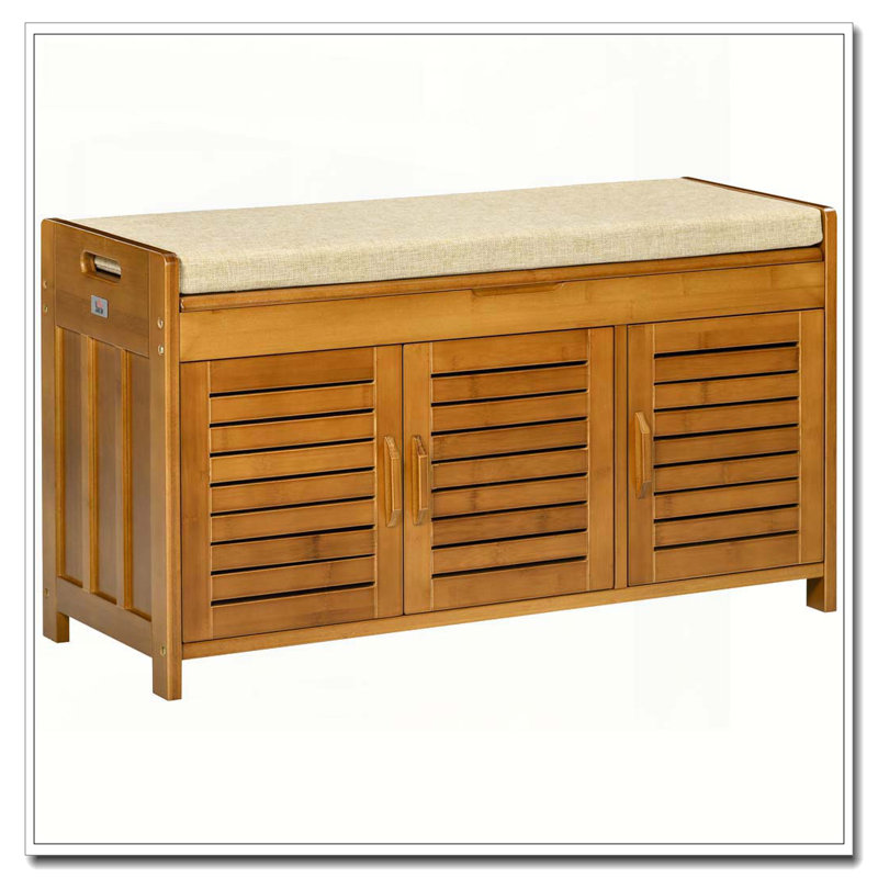 Banc à chaussures avec armoires de rangement, banc d'entrée en bambou avec coussin de siège, 3 portes et compartiment caché pour le couloir, brun