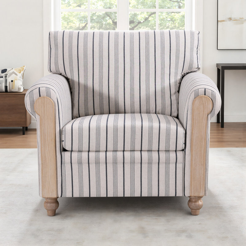 Fauteuil à rayures bleues et blanches, accoudoirs arrondis, dossier confortable garni de coton PP, siège en mousse à ressorts, coussin amovible, structure multicouche en bois massif, pieds en bouleau, profondeur 77,1 cm (30,37 po) *
