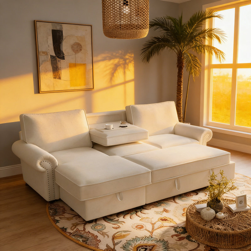 Canapé-lit modulaire de 95 po avec lit escamotable, méridienne de rangement et porte-gobelets, canapé convertible en forme de L pour le salon et la chambre d'amis