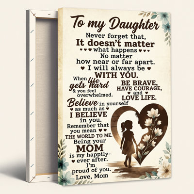 To My Daughter Quote With Floral Hearts And Silhouette Canvas Wall Art