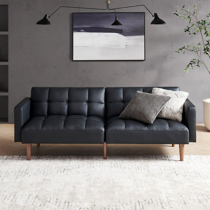 Reiana Twin 76.8'' Faux Leather Convertible Sofa, Midnight Black Faux Leather