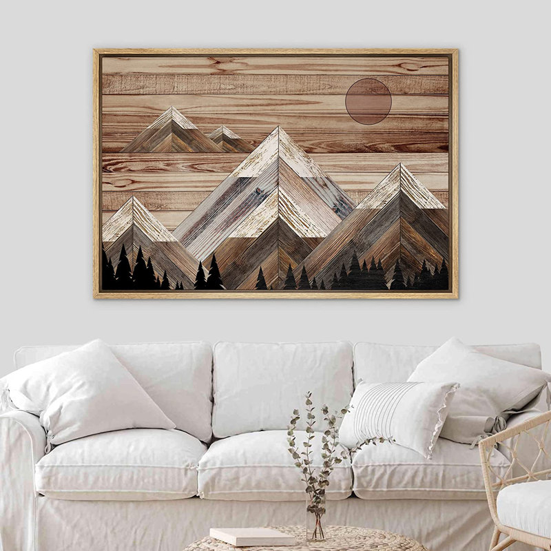 «Western Wood Effect Landscape Sunlight Snowy Mountain Range Sky Nature Wilderness - Floater Frame», impression sur toile