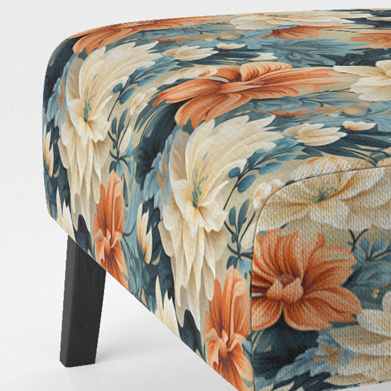 Motif botanique floral chaud en terre cuite et bleu - Fauteuil de chambre rembourré de style campagnard, fauteuil d'appoint floral rustique